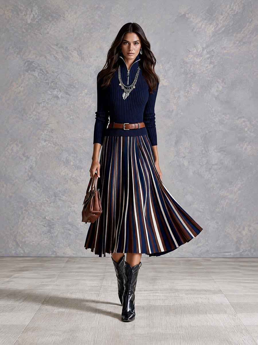 Elegant Navy Rib Half Zip Knit Midi Dress With Striped Pleated Skirt