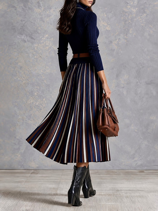 Elegant Navy Rib Half Zip Knit Midi Dress With Striped Pleated Skirt