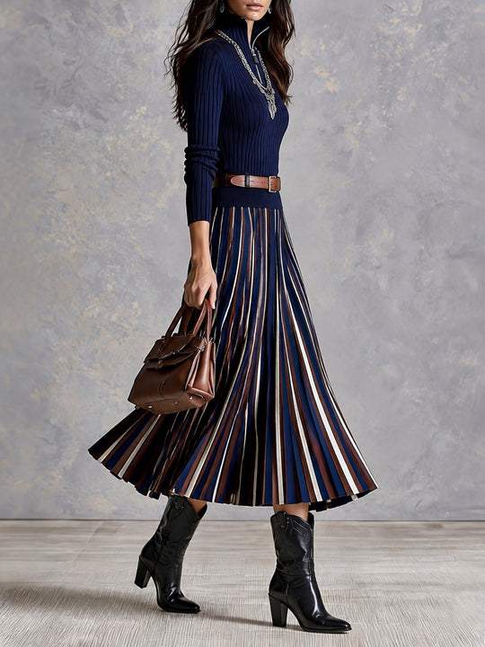 Elegant Navy Rib Half Zip Knit Midi Dress With Striped Pleated Skirt