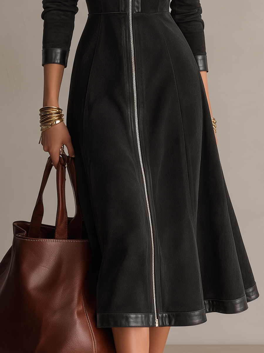 Vintage Black Zip-Up Midi Dress