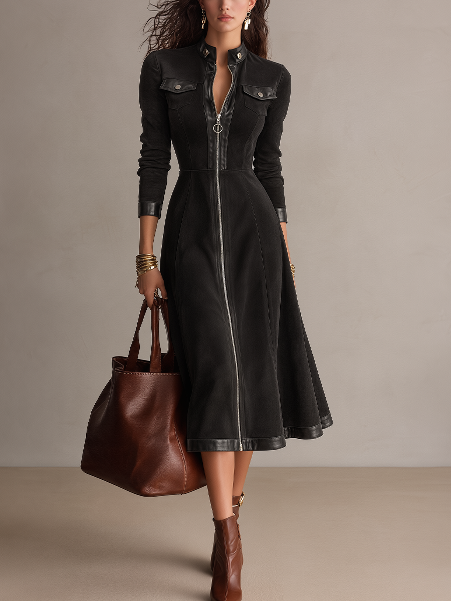 Vintage Black Zip-Up Midi Dress