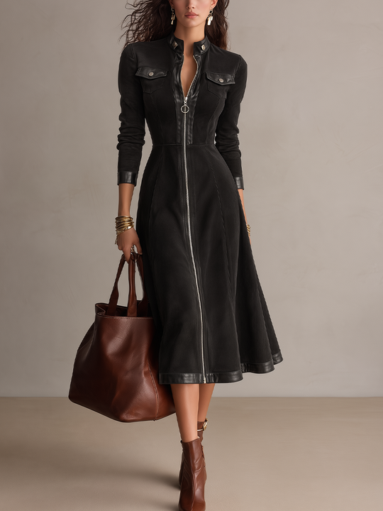 Vintage Black Zip-Up Midi Dress
