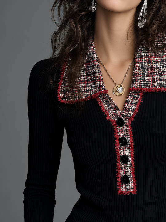 Vintage Black Tweed-Trim Ribbed Knit Top