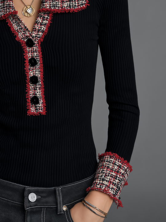 Vintage Black Tweed-Trim Ribbed Knit Top