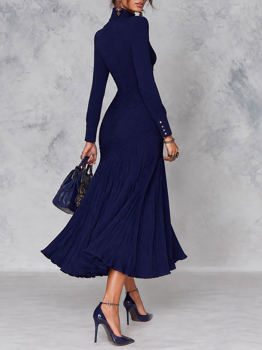Navy Pleated High-Neck Keyhole Midi Dress with Gold-Tone Buttons
