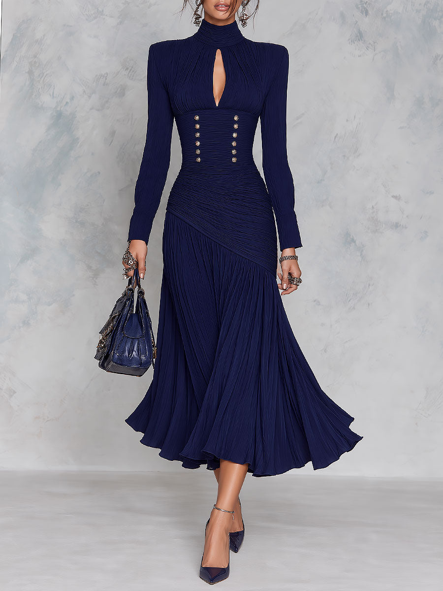 Navy Pleated High-Neck Keyhole Midi Dress with Gold-Tone Buttons