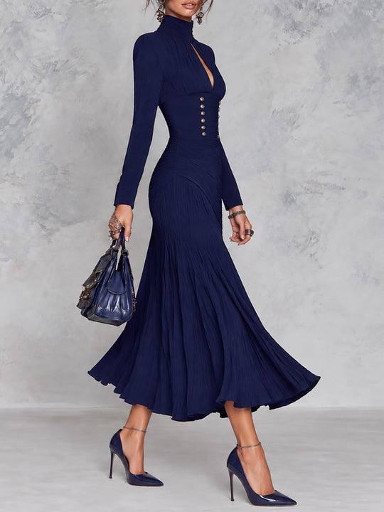 Navy Pleated High-Neck Keyhole Midi Dress with Gold-Tone Buttons