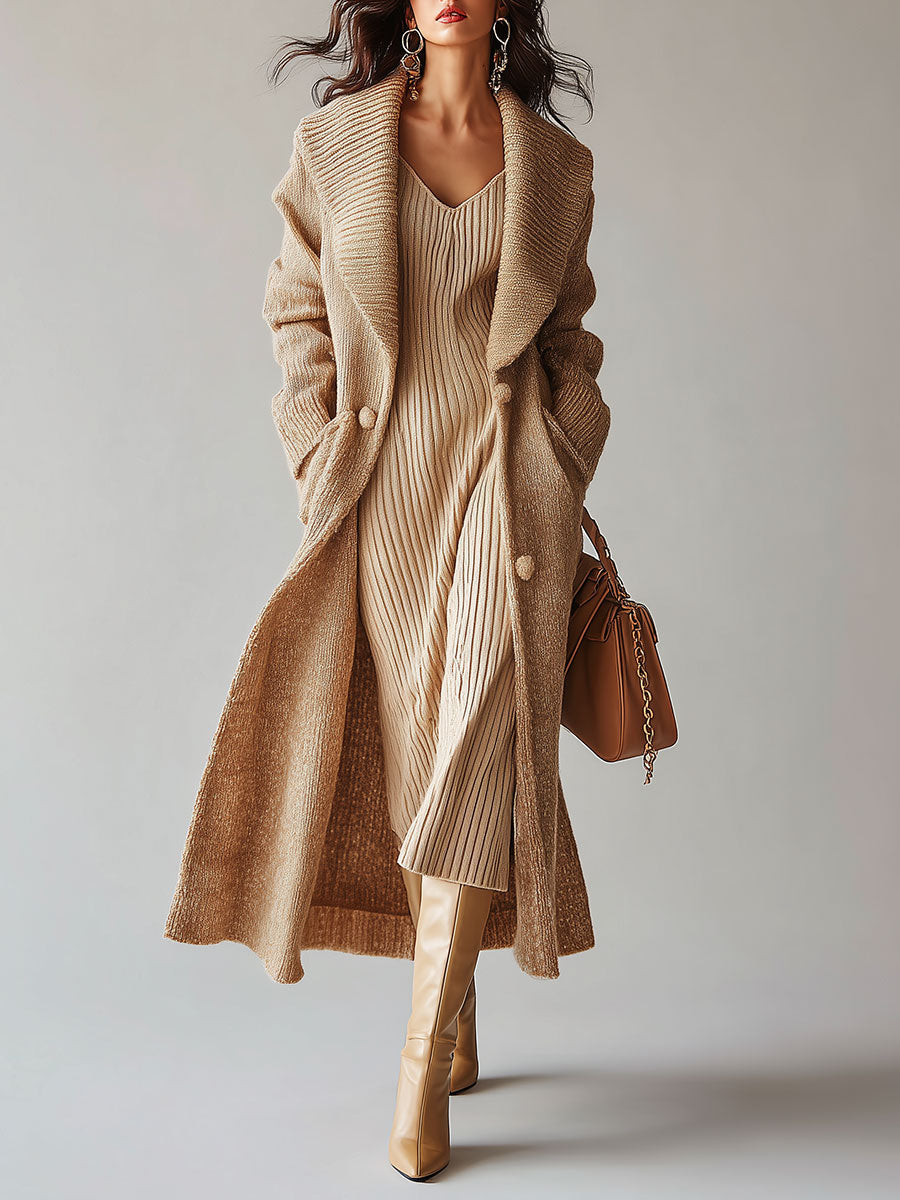 Stylish Beige Longline Knit Cardigan with Oversized Shawl Collar