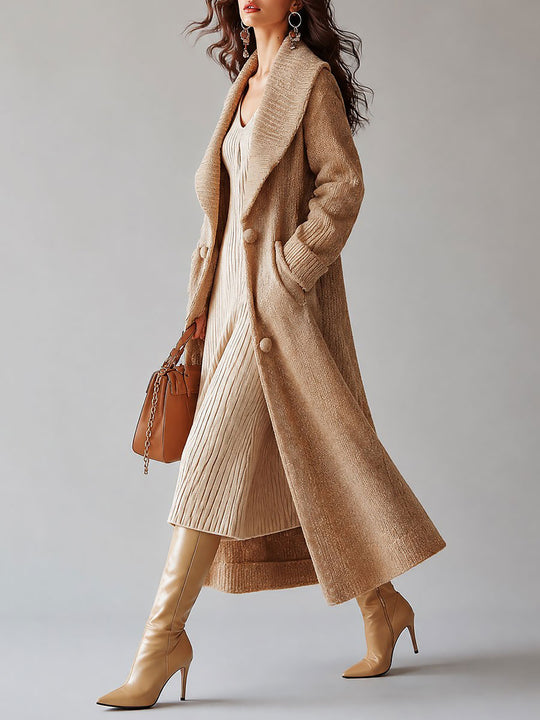 Stylish Beige Longline Knit Cardigan with Oversized Shawl Collar