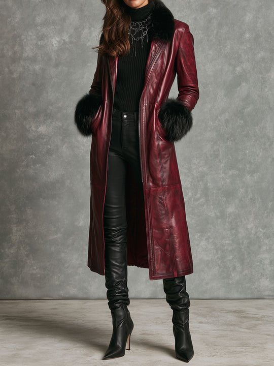 Vintage Burgundy Long Leather Coat With Black Faux Fur Trim