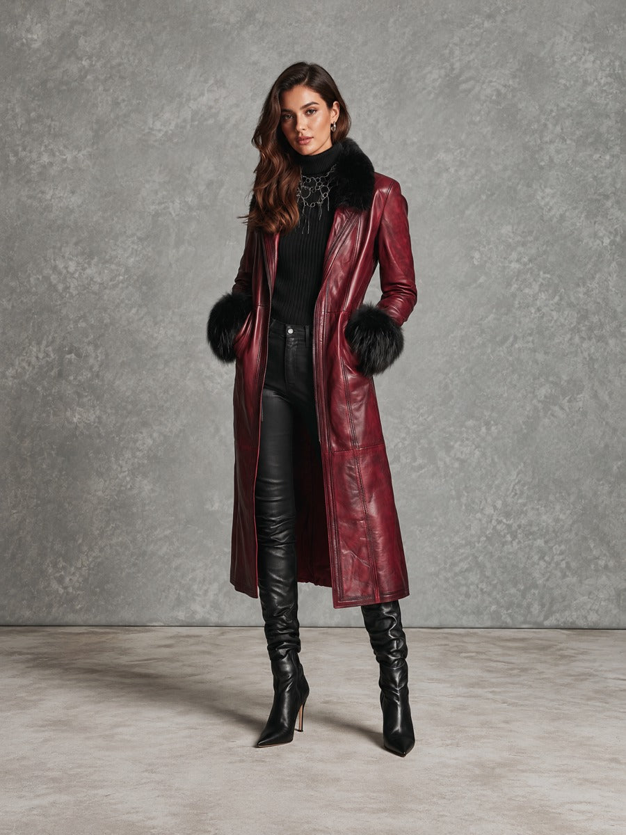 Vintage Burgundy Long Leather Coat With Black Faux Fur Trim