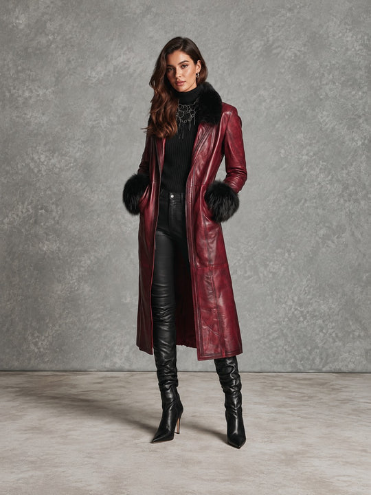 Vintage Burgundy Long Leather Coat With Black Faux Fur Trim