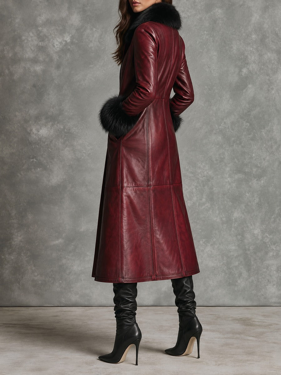 Vintage Burgundy Long Leather Coat With Black Faux Fur Trim