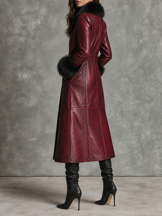 Vintage Burgundy Long Leather Coat With Black Faux Fur Trim