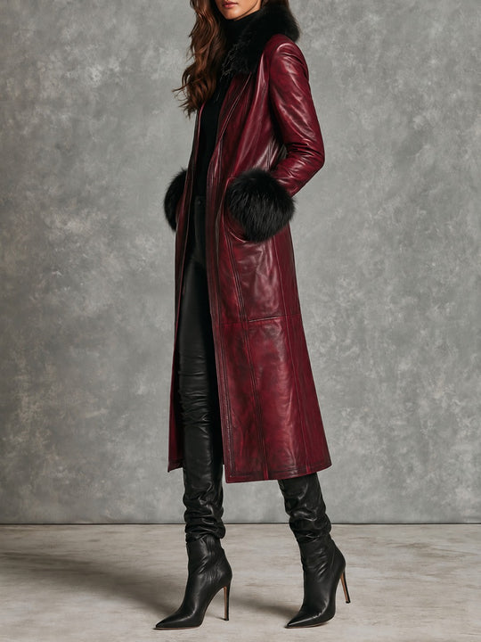 Vintage Burgundy Long Leather Coat With Black Faux Fur Trim