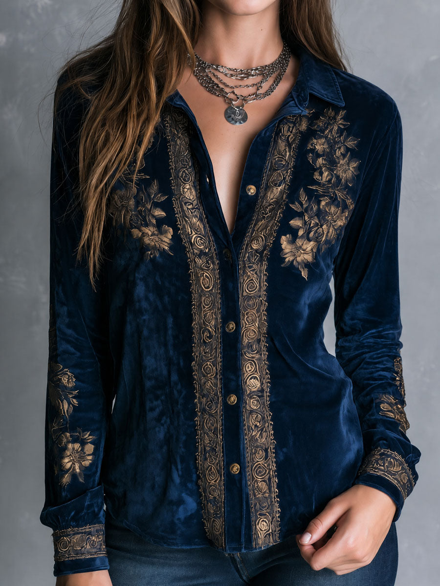 Boho Vintage Royal Blue Embroidered Velvet Blouse