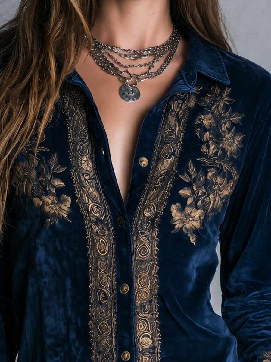 Boho Vintage Royal Blue Embroidered Velvet Blouse