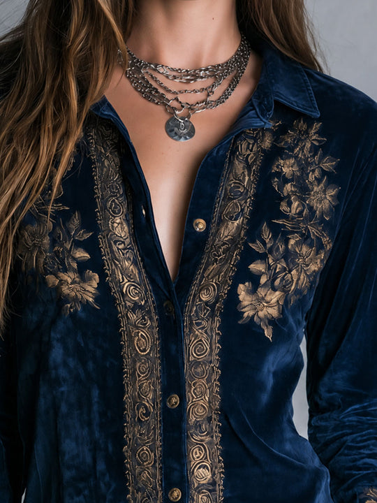 Boho Vintage Royal Blue Embroidered Velvet Blouse