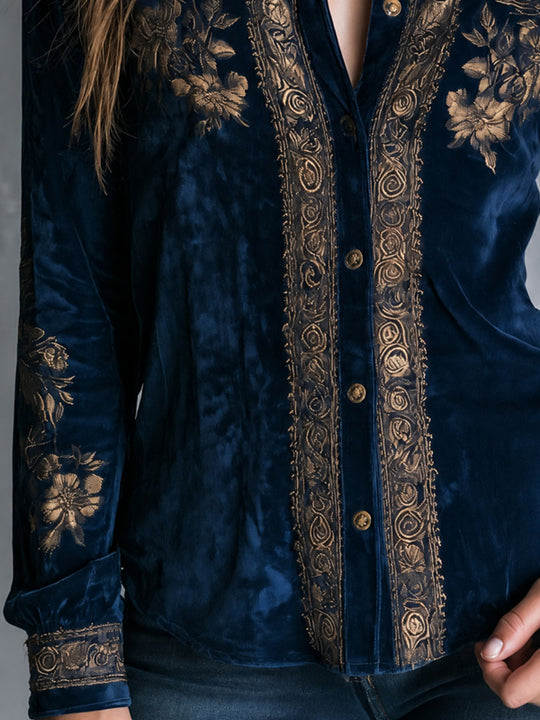 Boho Vintage Royal Blue Embroidered Velvet Blouse