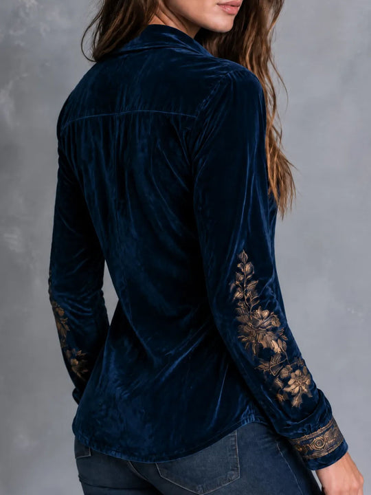 Boho Vintage Royal Blue Embroidered Velvet Blouse