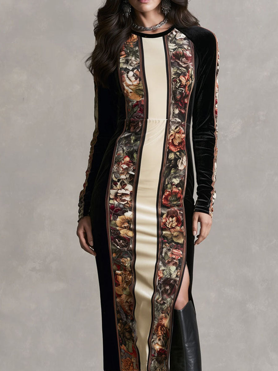 Vintage Floral Panel Velvet Long Sleeve Slit Midi Dress