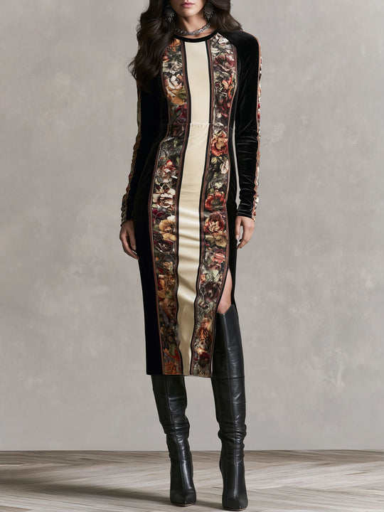 Vintage Floral Panel Velvet Long Sleeve Slit Midi Dress