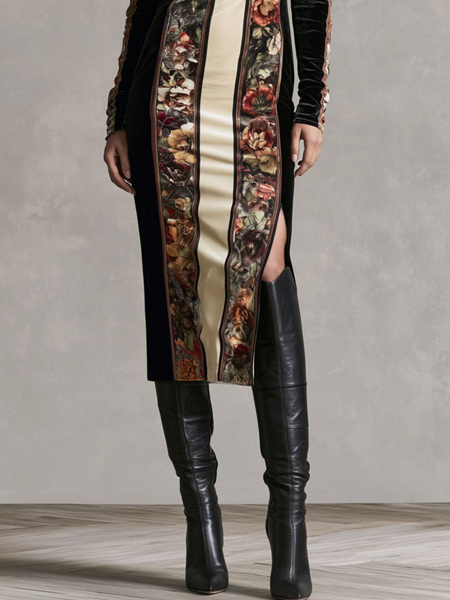 Vintage Floral Panel Velvet Long Sleeve Slit Midi Dress