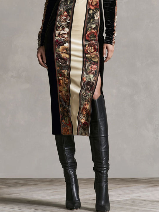 Vintage Floral Panel Velvet Long Sleeve Slit Midi Dress