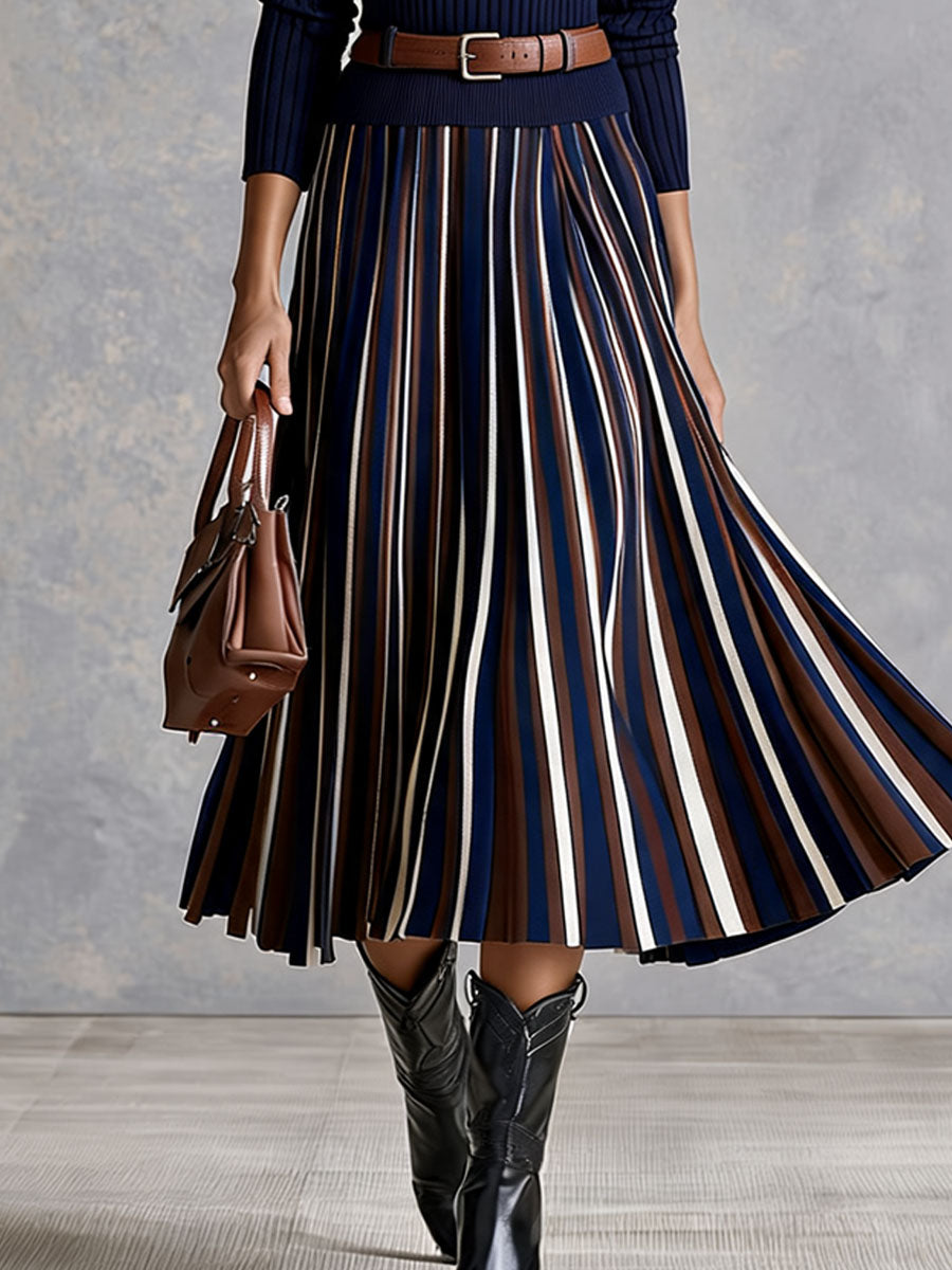 Elegant Navy Rib Half Zip Knit Midi Dress With Striped Pleated Skirt