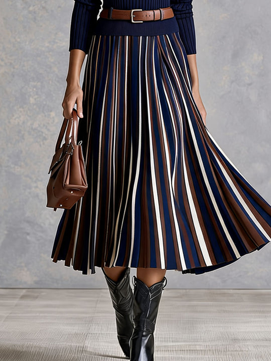 Elegant Navy Rib Half Zip Knit Midi Dress With Striped Pleated Skirt