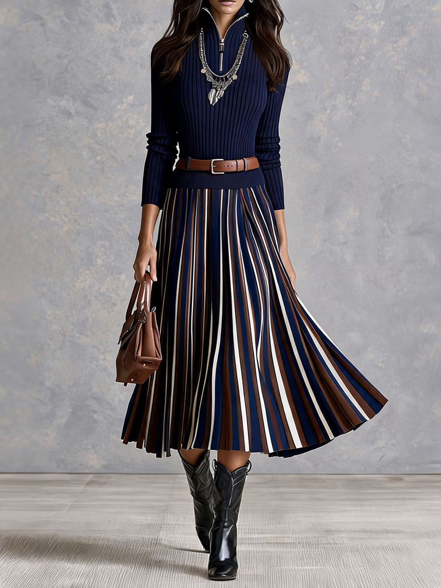 Elegant Navy Rib Half Zip Knit Midi Dress With Striped Pleated Skirt