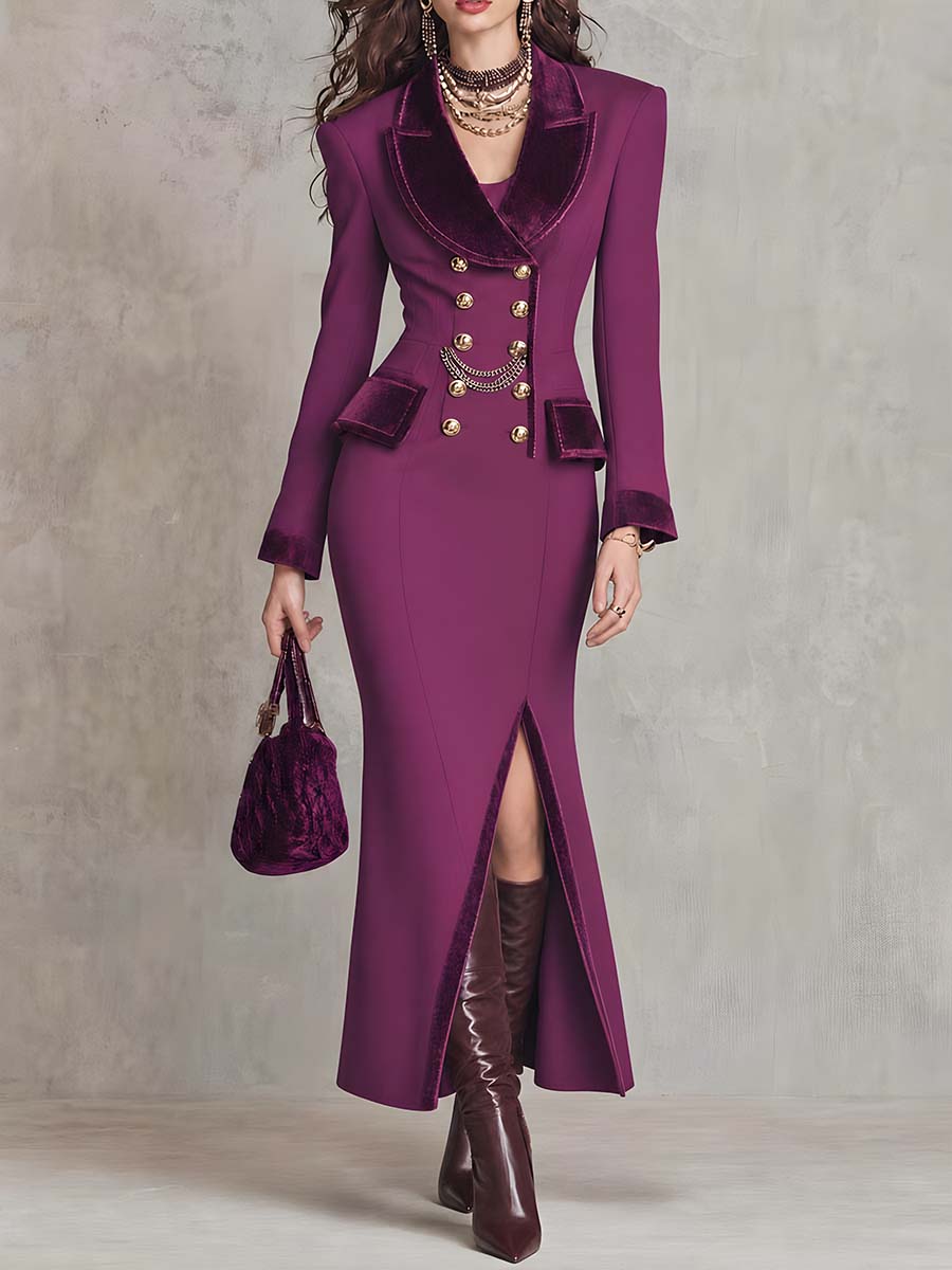Vintage Velvet-Trim Double-Breasted Blazer Dress With Slit Hem