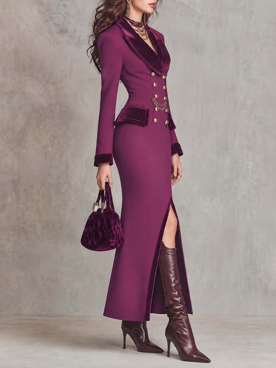 Vintage Velvet-Trim Double-Breasted Blazer Dress With Slit Hem