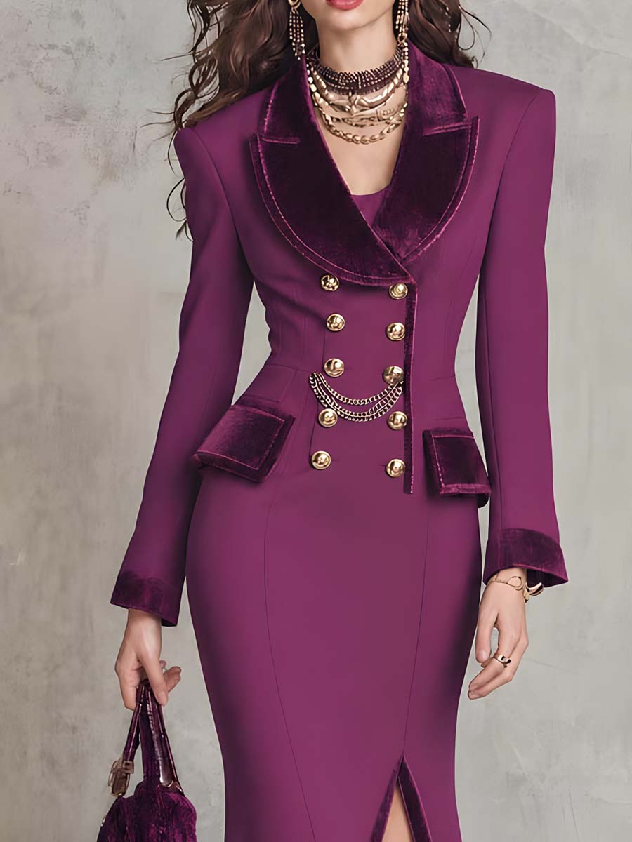 Vintage Velvet-Trim Double-Breasted Blazer Dress With Slit Hem
