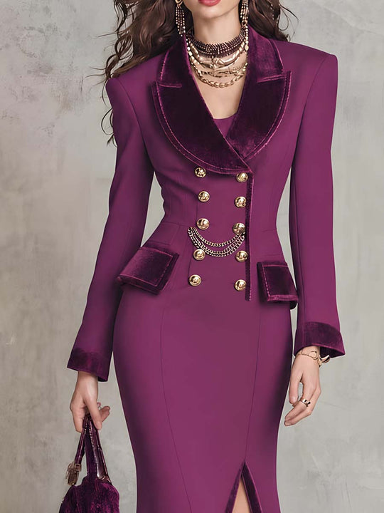 Vintage Velvet-Trim Double-Breasted Blazer Dress With Slit Hem