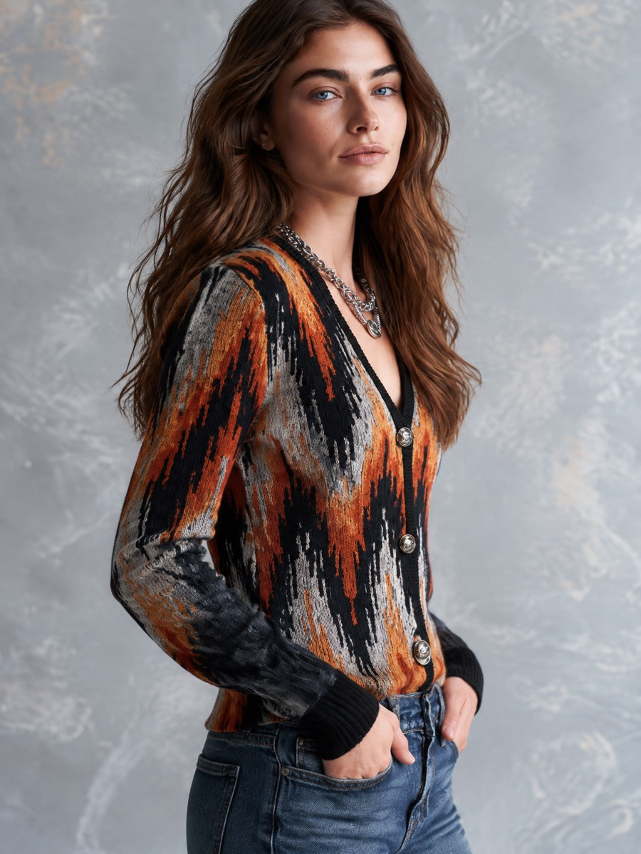 Vintage Abstract Pattern V-Neck Button-Front Knit Cardigan