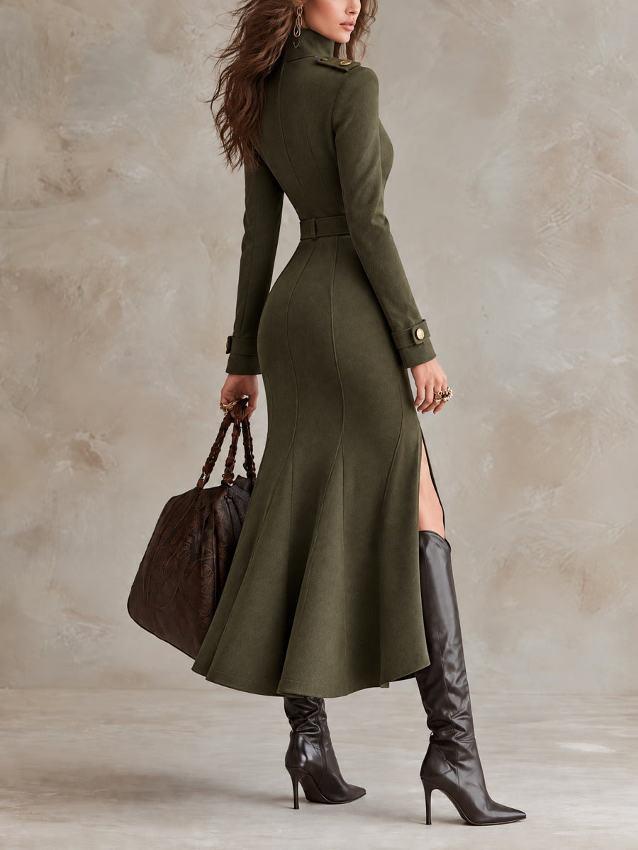 Military-Inspired Suede Olive Green High-Neck Belted Midi Dress