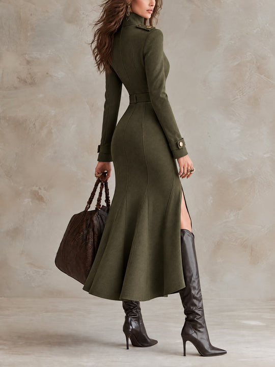 Military-Inspired Suede Olive Green High-Neck Belted Midi Dress