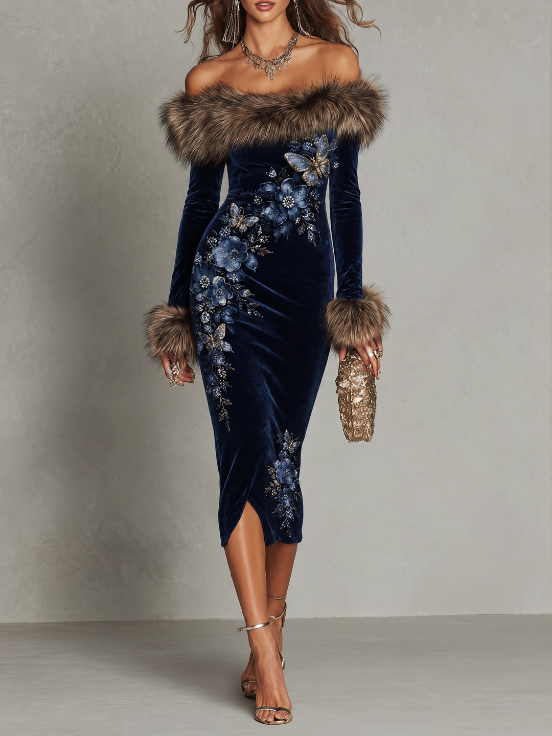 Navy Velvet-Look Off-Shoulder Midi Dress with Plush Trim and Floral Butterfly Detailing