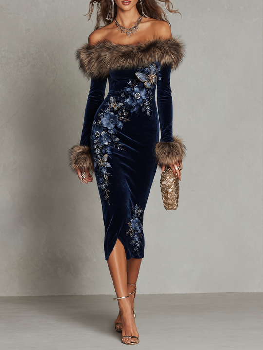 Navy Velvet-Look Off-Shoulder Midi Dress with Plush Trim and Floral Butterfly Detailing