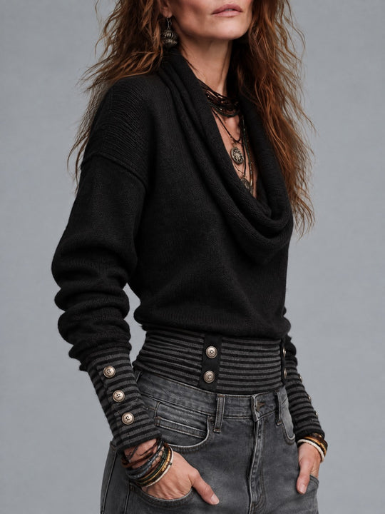 Boho Black Cowl Neck Button Accents Sweater With Striped Trim