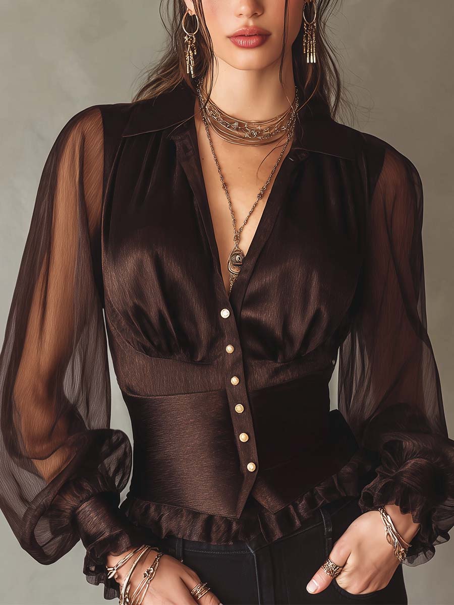 Vintage-style Satin V-neck Sheer Long-sleeve Shirt