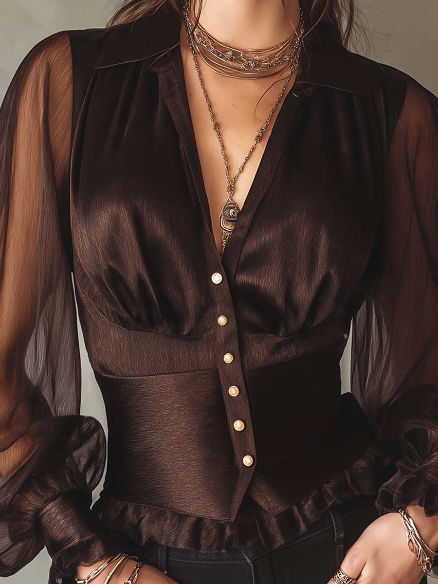 Vintage-style Satin V-neck Sheer Long-sleeve Shirt