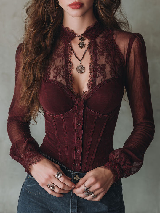 Quiet Luxury Fitted Washed Denim Blouse With Lace Paneling