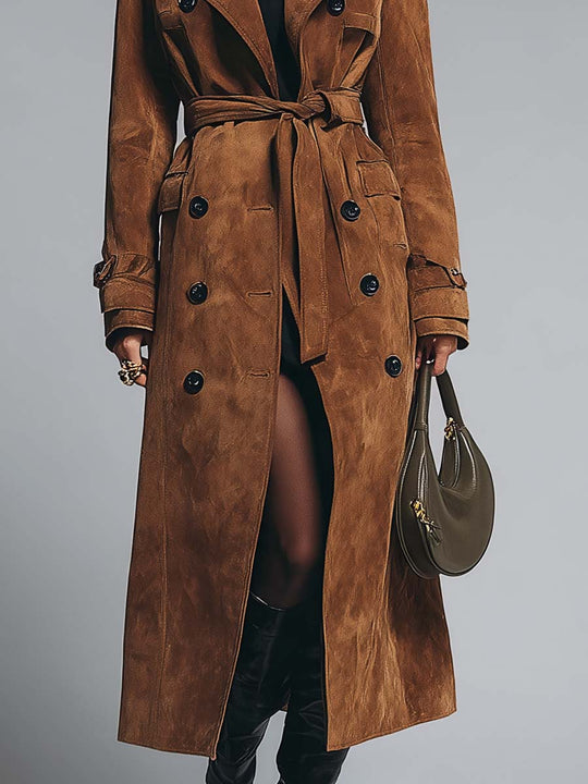Vintage Deep Caramel Double-breasted Trench Coat With Button Epaulettes