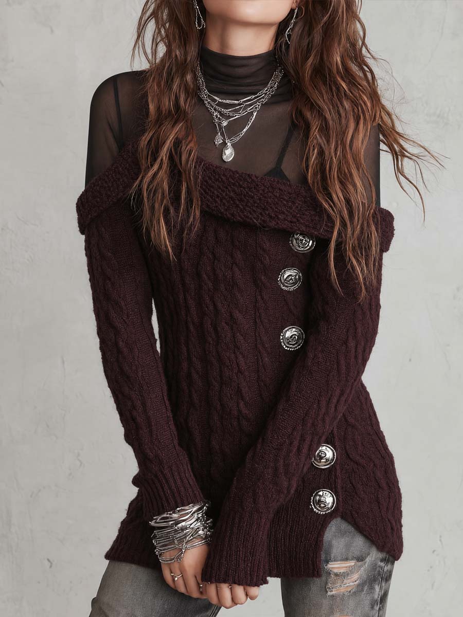 One-shoulder Asymmetric Button-placket Cable-knit Sweater