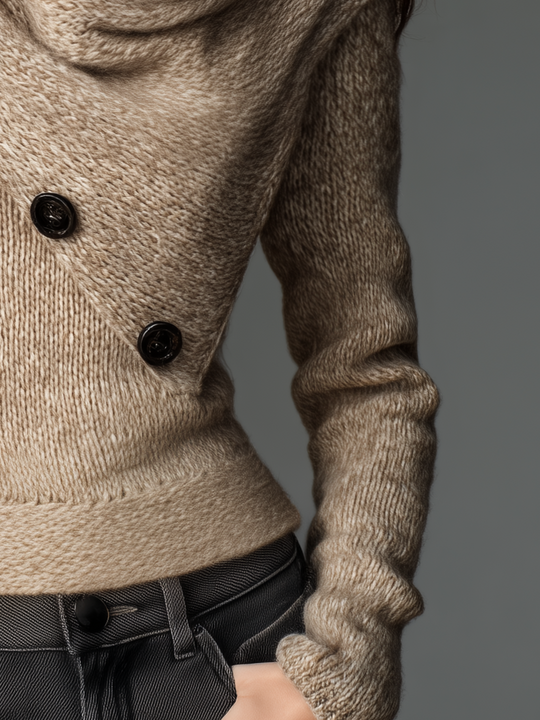 Refined Oatmeal Asymmetric Button Cowl Neck Knit Sweater