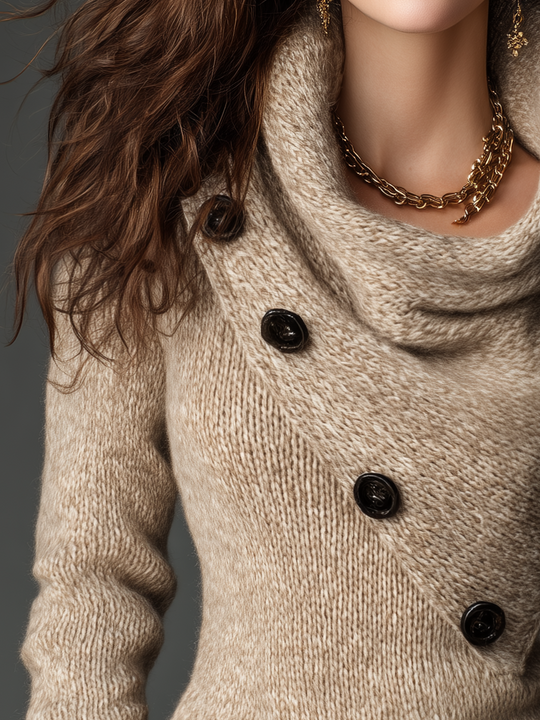 Refined Oatmeal Asymmetric Button Cowl Neck Knit Sweater