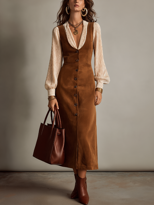 Vintage Camel Button Front Suede Vest Dress & Blouse Set