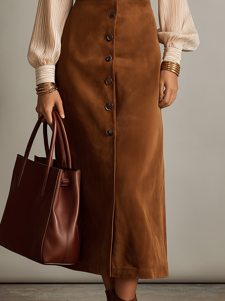 Vintage Camel Button Front Suede Vest Dress & Blouse Set